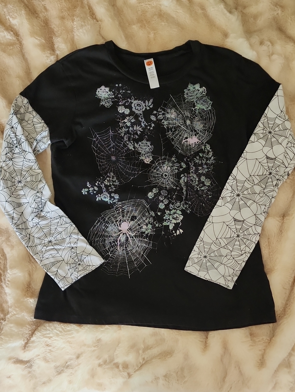 Black Long-Sleeve Spiderweb & Floral Graphic Tee with Contrast Sleeves